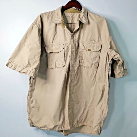 Eddie Bauer Men XXL Tan Outdoor Short Sleeve‎ Strap Closure Pockets Preppy Shirt - Picture 1 of 7